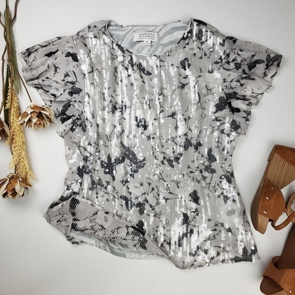 🔴 Badgley Mischka Sequined Grey Silver Floral Top XL - Picture 7 of 15